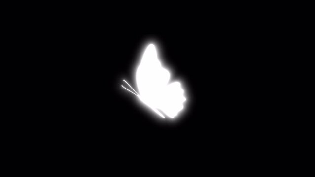 Animated butterfly. White butterfly flying fluidly and dynamically with glowing effects. Transparent 4K Alpha Channel. Seamless loop. Perfect for fairy tale-themed events and fantasy film scenes.