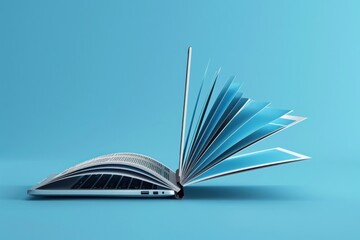3D render an open book with a laptop on a turquoise background. the concept of online learning