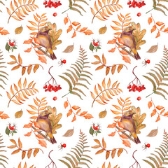 Bird, finch, tree branch, leaf, fern, autumn, illustration, seamless pattern in watercolor on a white background. Suitable for printing cards, textile, fabric, fashion design, accessories, tableware.