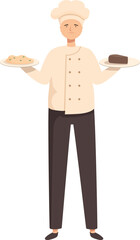 Confident chef holding plates, presenting food, restaurant worker, culinary expertise, professional cook, food service industry, menu options, delicious cuisine, gastronomy expert, food presentation