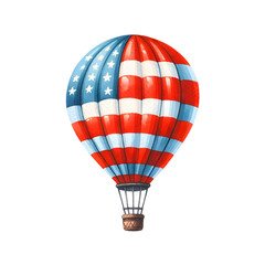 Fototapeta premium Watercolor illustration of a hot air balloon with American flag design featuring red, white, and blue stripes and stars.