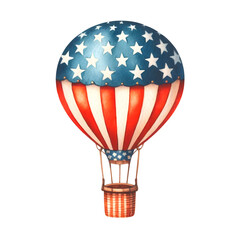 Naklejka premium Watercolor illustration of a hot air balloon with American flag design featuring red, white, and blue stripes and stars.