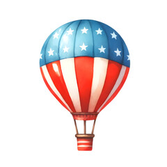 Naklejka premium Watercolor illustration of a hot air balloon with American flag design featuring red, white, and blue stripes and stars.