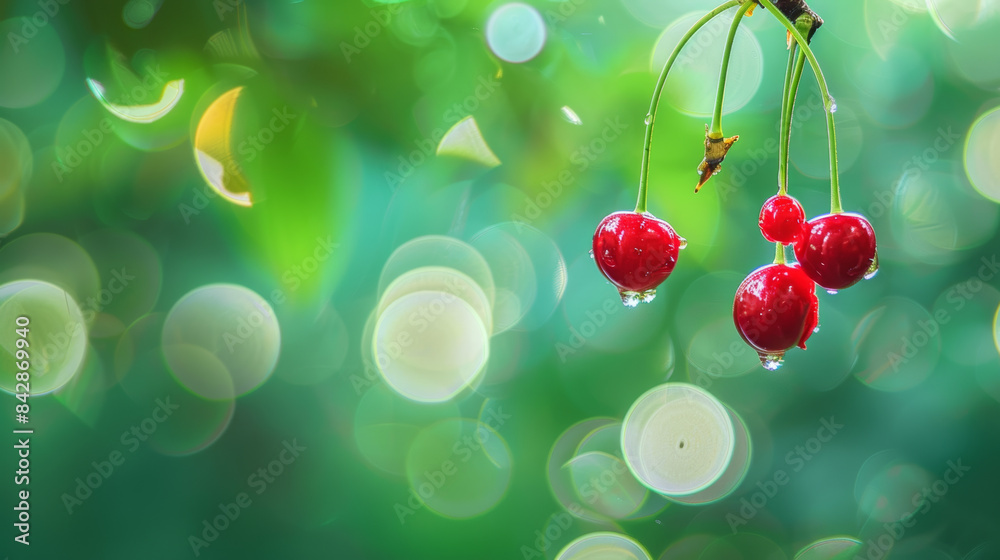 Poster Bright red cherries with dew drops hang from a branch against a vibrant, bokeh-filled green background.