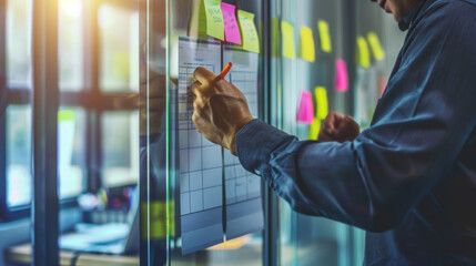 Close-up of a person writing on a glass board covered in colorful sticky notes, brainstorming ideas in a vibrant, collaborative workspace.