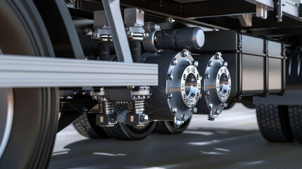 Fototapeta premium Close-up view of advanced engineering components of a vehicle, showcasing intricate mechanical parts and technology.