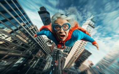 Elderly superhero grandma flying over the city