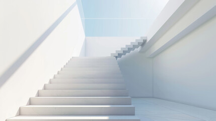 Obraz premium Minimalistic and modern white staircase design, bathed in natural light, leading upwards and symbolizing simplicity and elegance in architecture.