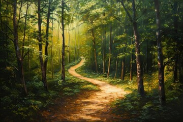 Obraz premium Capture a mysterious forest with a winding path, seen from a rear view perspective, showcasing its inaccessible beauty in a traditional oil painting style,