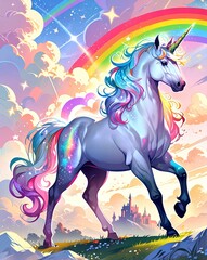 Fototapeta premium A dreamy pastel background of sparkling stars. In the foreground, a majestic rhino leaps gracefully, its brilliant white coat adorned with a rainbow-colored mane and tail. 