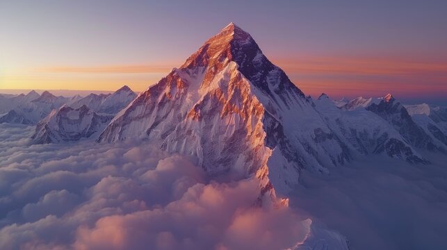 Drone shot of the iconic K2 mountain with climbers on the ascent