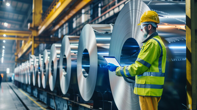 A worker in a brightly lit factory uses a tablet to check the large rolls of aluminum, ensuring quality and precision in the manufacturing process.