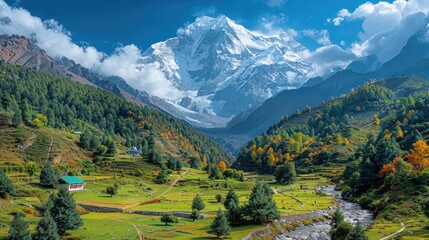 Fototapeta premium Panoramic drone shot of Fairy Meadows with Nanga Parbat in the background