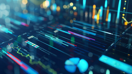 Multiple colorful panels displaying financial data and analytics, illustrating complex market trends and metrics in a futuristic digital format.