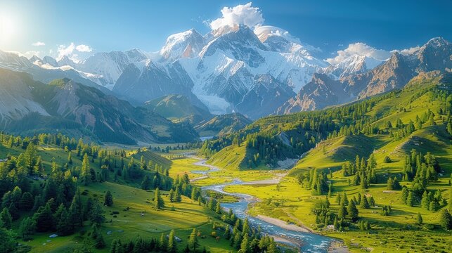 Panoramic drone shot of Fairy Meadows with Nanga Parbat in the background