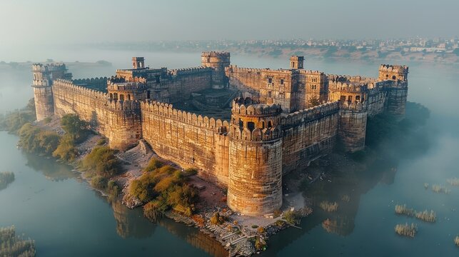 Panoramic drone shot of the ancient Rohtas Fort with its massive walls