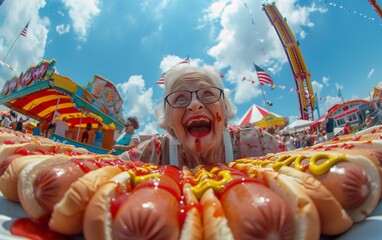 Elderly woman eating hot dogs at hot dog eating contest