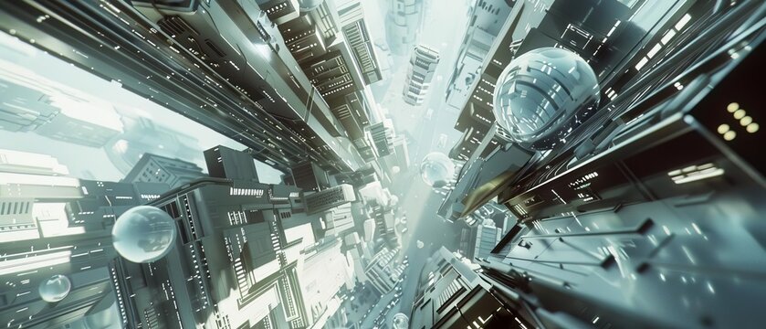 Capture a worms-eye view of a towering hydrogenated sculpture in a futuristic cityscape Utilize CG 3D techniques for a sleek, metallic finish,