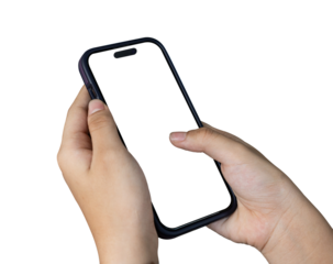 Hand holding mobile phone with blank screen, isolated on transparent background. PNG File