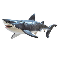 A Great White Shark swims through the water, its mouth slightly open, revealing rows of sharp teeth.