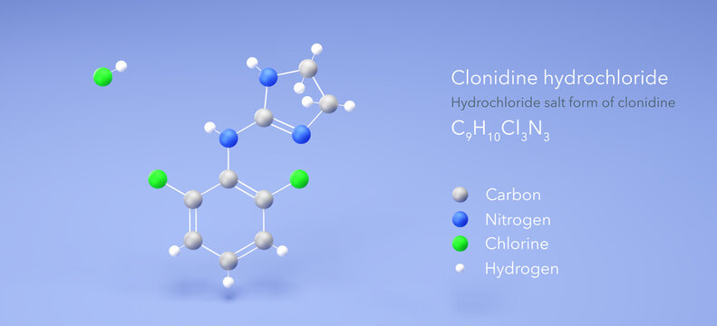 clonidine hydrochloride molecule, molecular structure, hydrochloride salt form of clonidine, 3d model, Structural Chemical Formula and Atoms with Color Coding