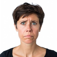 Obraz premium Unhappy Emotion: Depressed Individual with Tearful Eyes and Frown, Studio Shot on White Background