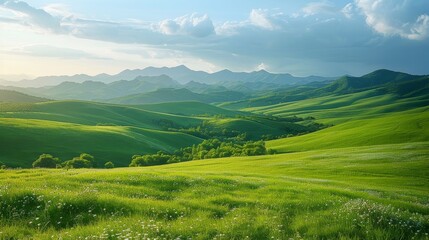 Naklejka premium Highland landscape with rolling hills, lush greenery, and distant mountains