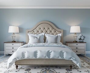 A large bedroom with pale blue walls, a white bed and beige headboard, two bedside tables with 