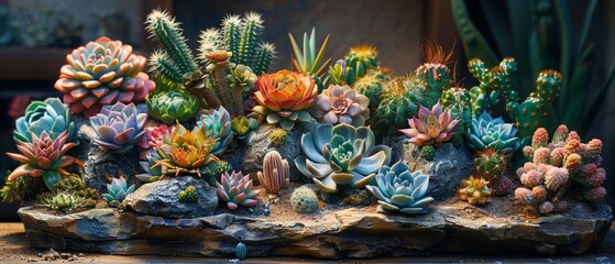 Fototapeta premium A succulent garden with a variety of shapes and colors of cacti and other desert plants.