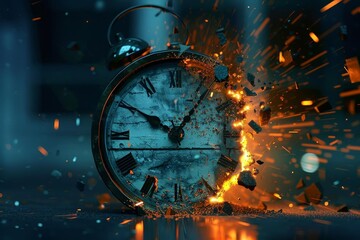 Clock breaking apart with digital effects,