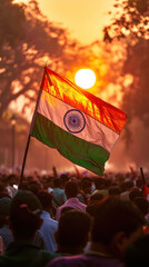 Indian flag waving in the crowd during a lively sunset, symbolizing patriotism and unity amidst a passionate gathering. independence day concept