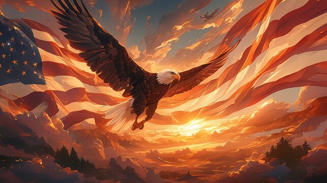 Majestic bald eagle soaring with American flag in vibrant sunset sky, symbolizing freedom, patriotism, and strength. independence day concept