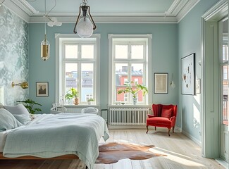 A large bright bedroom with light blue walls, wooden floor and vintage lighting in the style of armchair, a cowhide rug, plants, white chairs, 