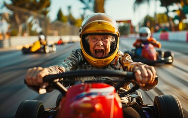 Elderly woman racing go-kart