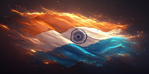 Vibrant Indian flag with energetic waves of saffron, white, and green symbolizing national pride and unity, set against a dark background. independence day concept