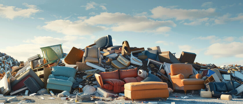 In an empty lot, colorful torn sofas form a mound of waste, contrasting brightly against the blue sky with white, fluffy clouds during the daylight.