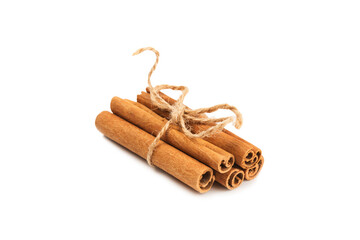 Cinnamon sticks isolated on white background. Cinnamon roll. Spicy spice for baking, desserts and drinks. Fragrant ground cinnamon.