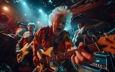 Obraz premium Elderly woman rocking out playing the guitar