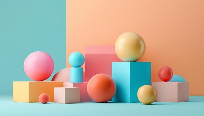Colorful pastel 3D geometric shapes,