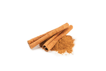 Cinnamon sticks isolated on white background. Cinnamon roll. Spicy spice for baking, desserts and drinks. Fragrant ground cinnamon.