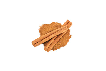 Cinnamon sticks isolated on white background. Cinnamon roll. Spicy spice for baking, desserts and drinks. Fragrant ground cinnamon.
