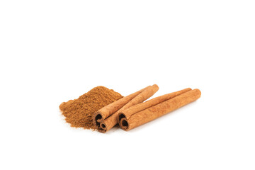 Cinnamon sticks isolated on white background. Cinnamon roll. Spicy spice for baking, desserts and drinks. Fragrant ground cinnamon.