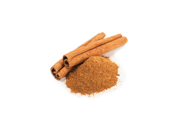 Cinnamon sticks isolated on white background. Cinnamon roll. Spicy spice for baking, desserts and drinks. Fragrant ground cinnamon.