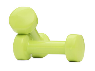 Light green dumbbells isolated on white. Sports equipment