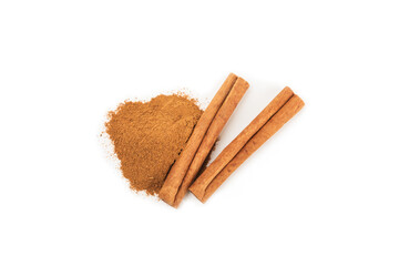Cinnamon sticks isolated on white background. Cinnamon roll. Spicy spice for baking, desserts and drinks. Fragrant ground cinnamon.