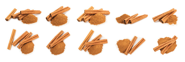 Cinnamon sticks isolated on white background. Cinnamon roll. Spicy spice for baking, desserts and drinks. Fragrant ground cinnamon.