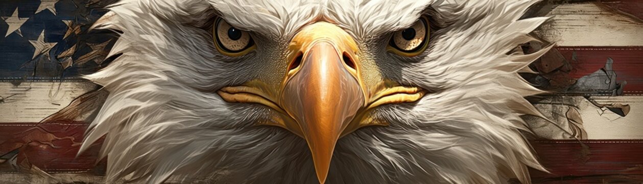Close-up of a bald eagle's face with an American flag in the background, symbolizing patriotism and strength. independence day concept