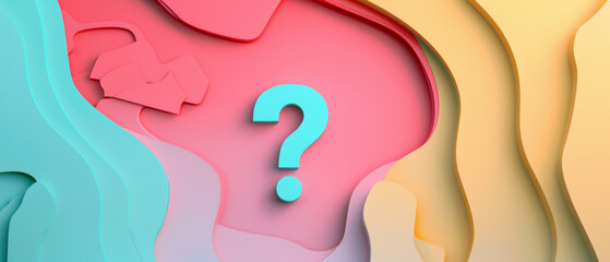 Stylish abstract paper-cut design in pastel hues with a central mint green question mark, emphasizing clean and smooth curves.