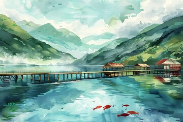 Serene mountain lake landscape with wooden houses and fish in the water. Tranquil scenery, perfect for relaxation and nature lovers.