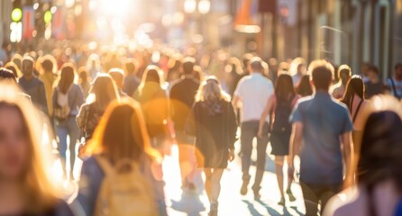 A crowd of people walking down the street, blurred background, closeup shot, crowd, urban setting Generative AI